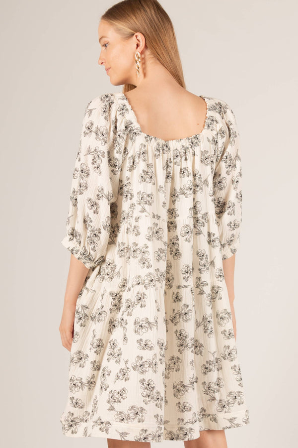 3-Ply Gauze Floral Print Gauze Tiered Mini Dress