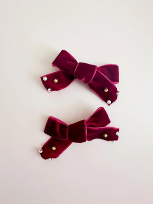 Mini Velvet Red Bows with Bead Embroidery (Set of 2) - 1