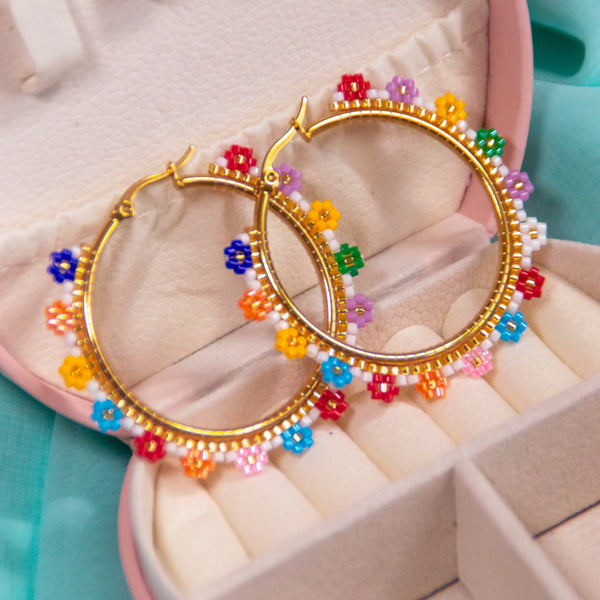 Flowers Multicolor Beaded Hoops - 2