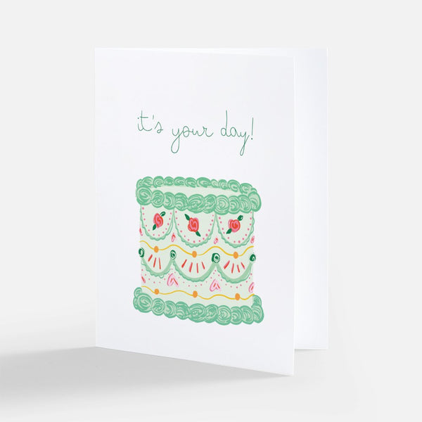 It's Your Day! Green Vintage Cake Greeting Card - 1