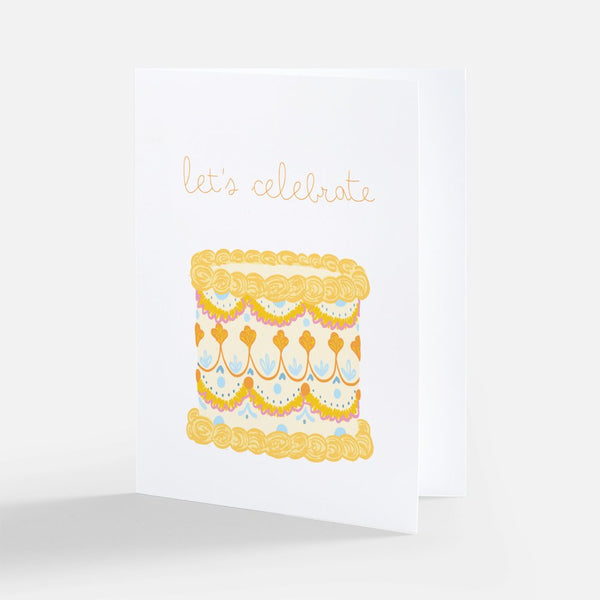 let's celebrate! Yellow Vintage Cake Greeting Card - 1
