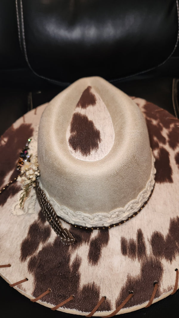 Beige and Brown Cowhide Hat