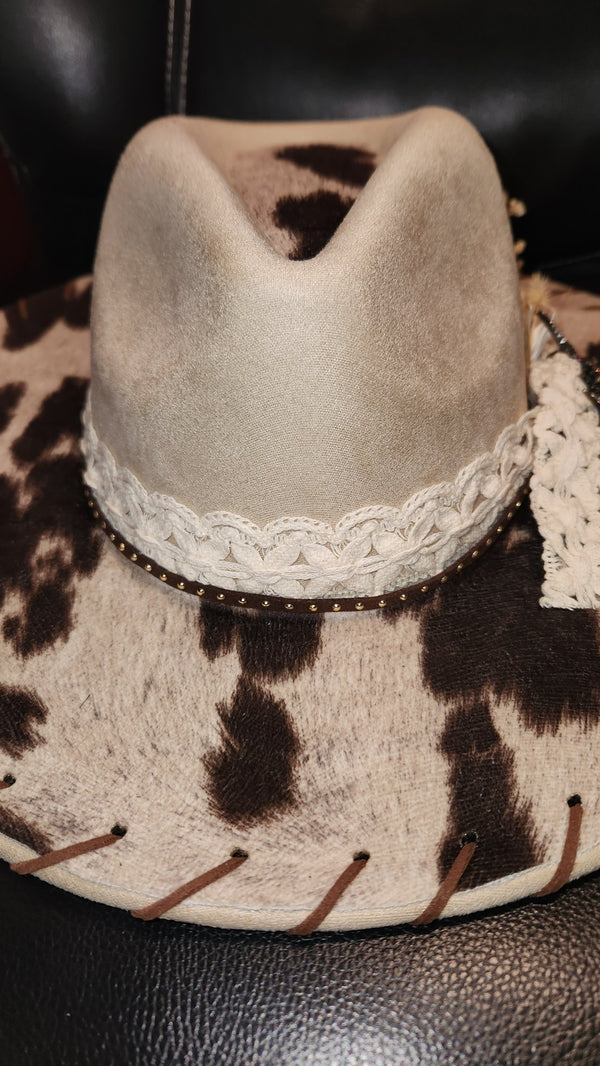 Beige and Brown Cowhide Hat