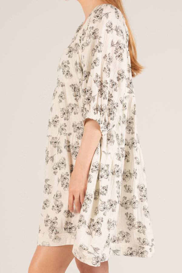 3-Ply Gauze Floral Print Gauze Tiered Mini Dress