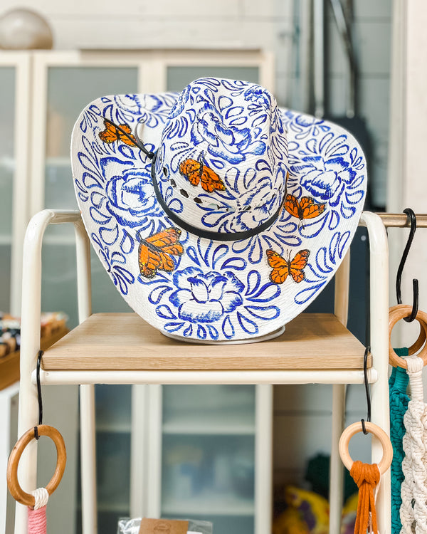 Blue Butterfly Hand-Painted Hat