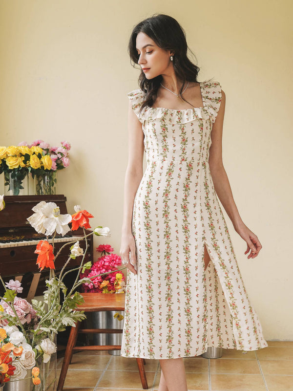 Floral Ruffle-Trimmed Midi Sundress
