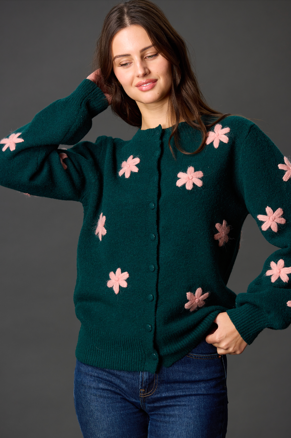 Long Sleeve Green Floral Cardigan