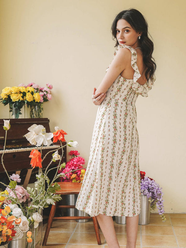 Floral Ruffle-Trimmed Midi Sundress