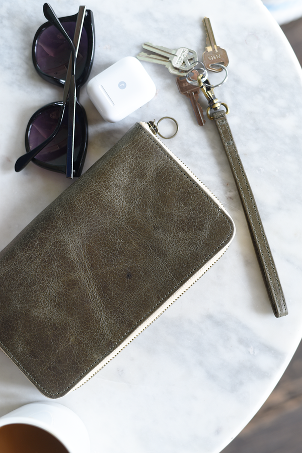 Leather Zipper Wallet Wristlet in Forest Green - 1