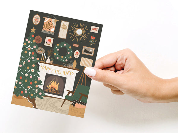 Happy Holidays Cozy Fireplace Greeting Card - HS